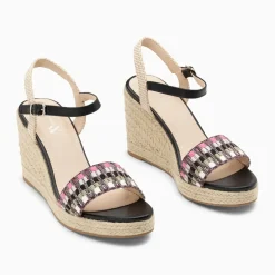 Sandales compensées Honorine noir et rose en tissu jacquard