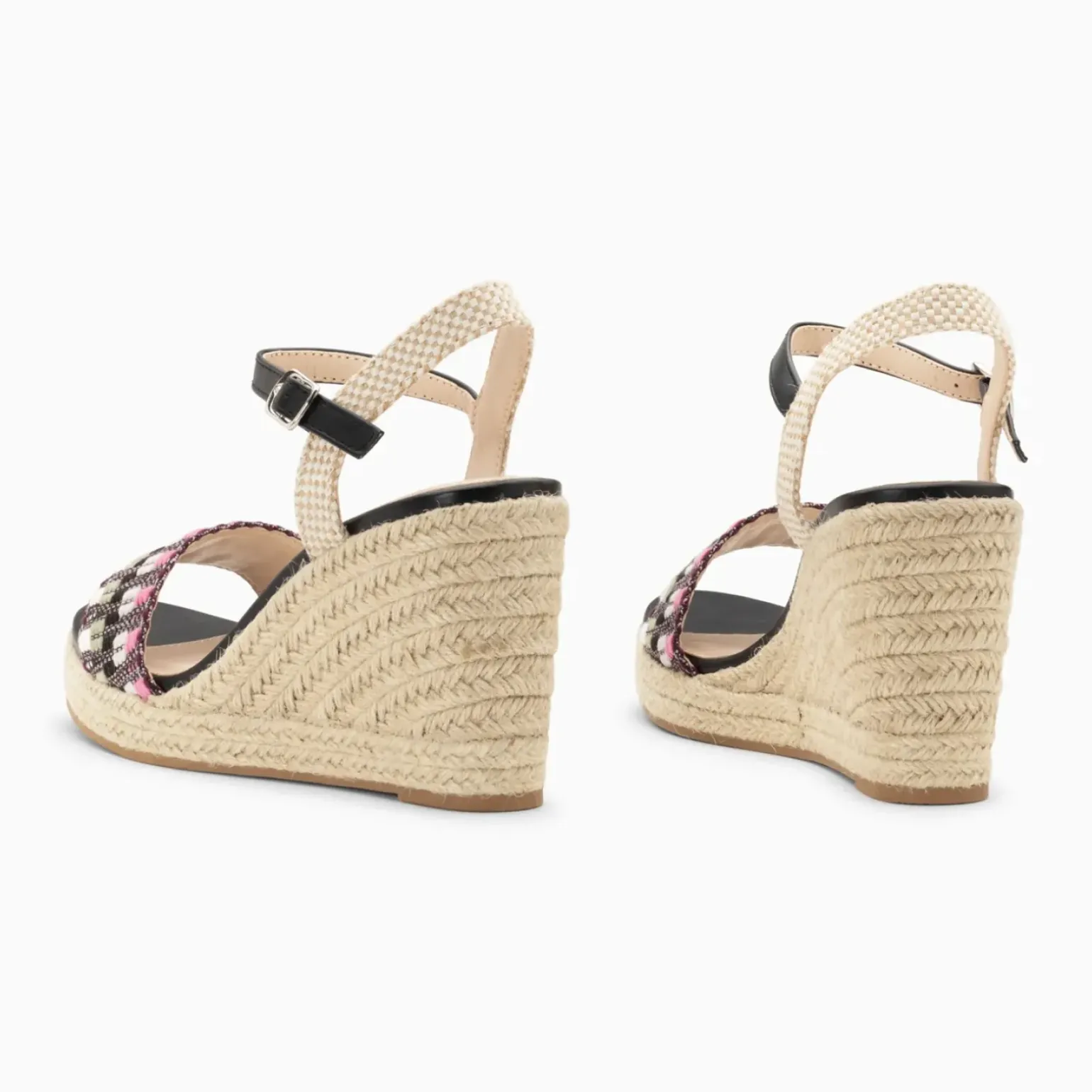 Sandales compensées Honorine noir et rose en tissu jacquard