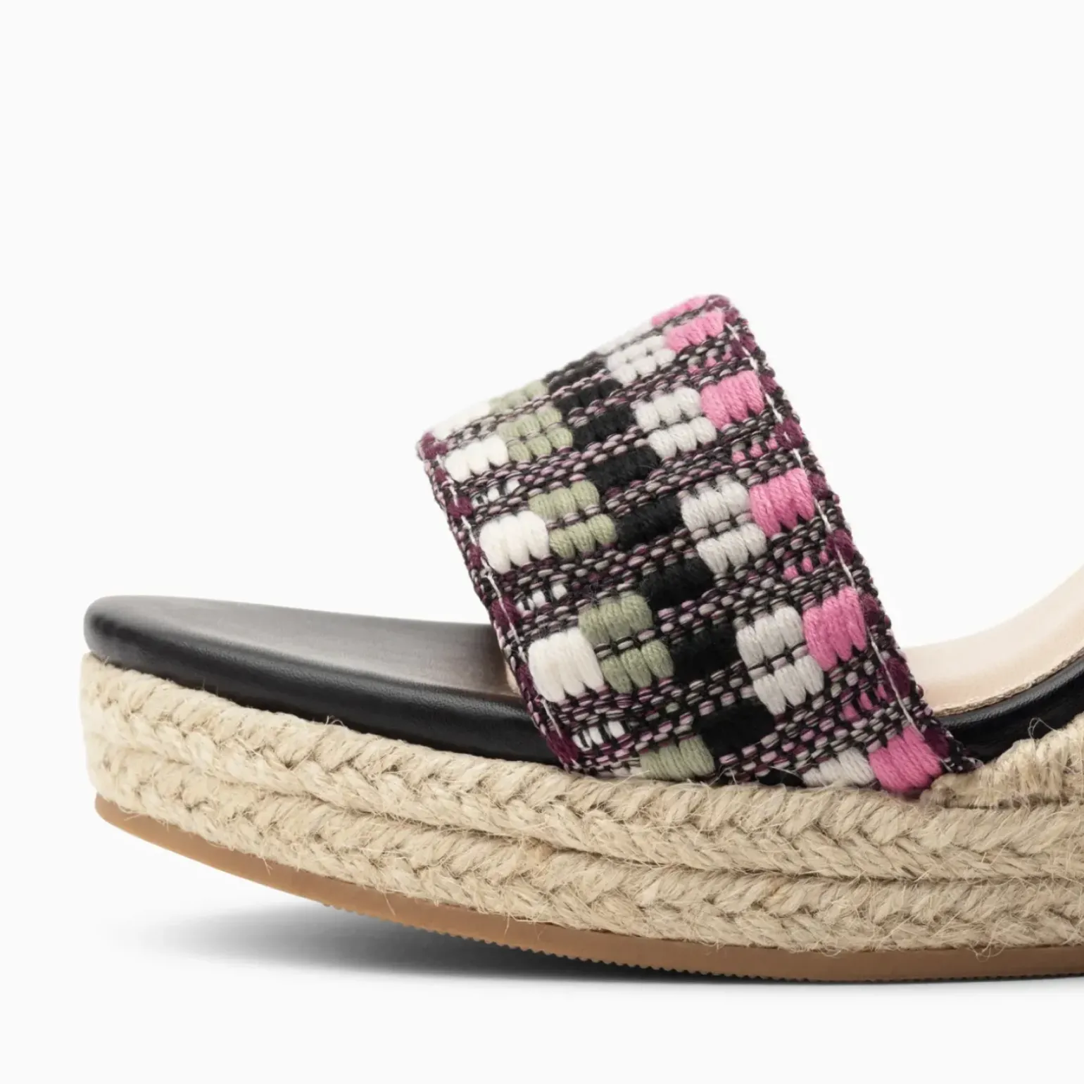 Sandales compensées Honorine noir et rose en tissu jacquard