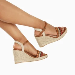 Sandales compensées Honorine camel en tissu jacquard