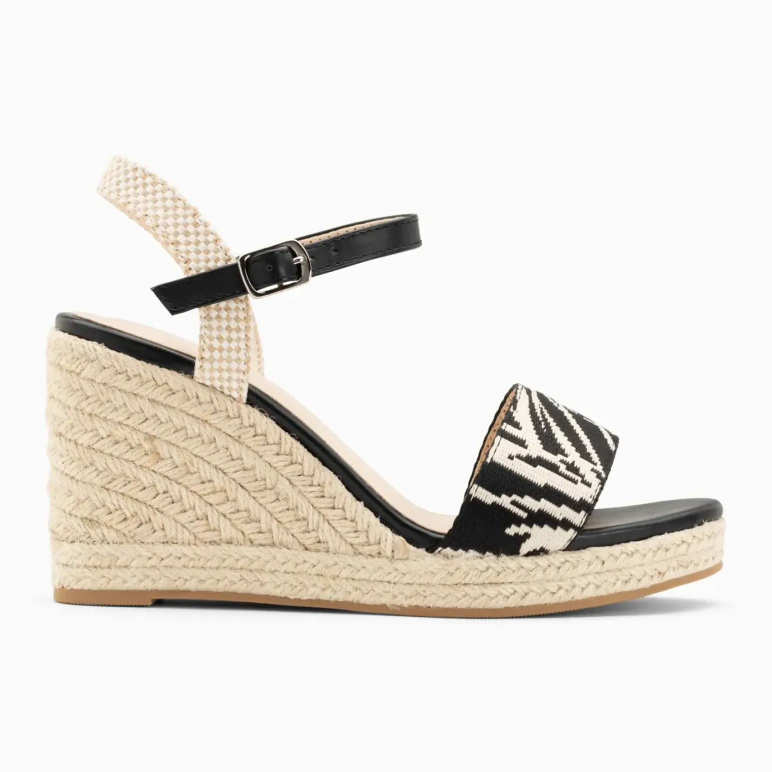 Sandales compensées Honorine noires en tissu jacquard