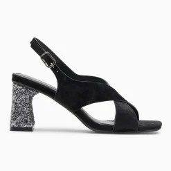 Sandales Milan noires à brides croisées et talon argent pailleté