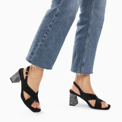 Sandales Milan noires à brides croisées et talon argent pailleté