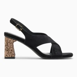 Sandales Milan noires à brides croisées et talon bronze pailleté