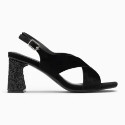 Sandales Milan noires à brides croisées et talon noir pailleté
