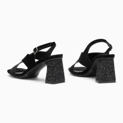 Sandales Milan noires à brides croisées et talon noir pailleté