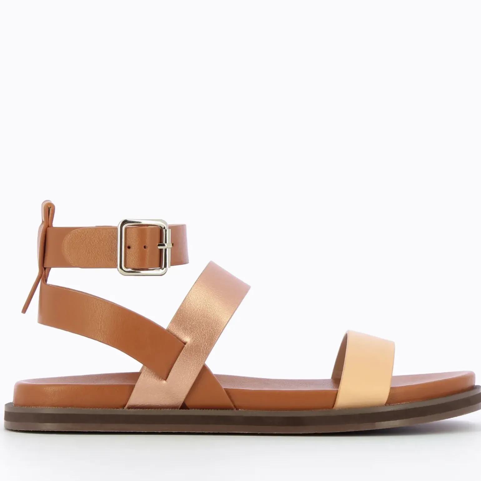 Sandales plates Ninon camel à brides rose gold et rose pâle