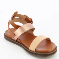 Sandales plates Ninon camel à brides rose gold et rose pâle