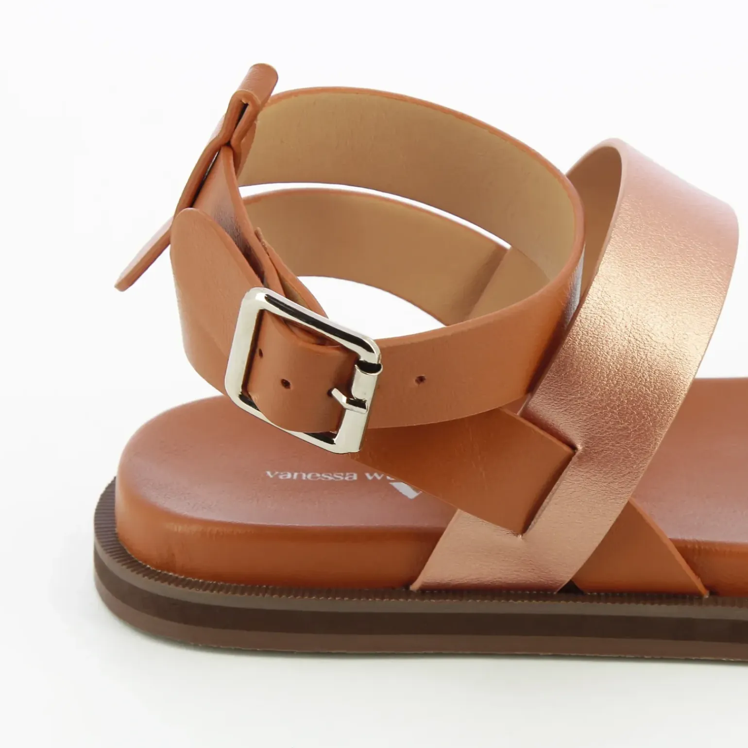 Sandales plates Ninon camel à brides rose gold et rose pâle